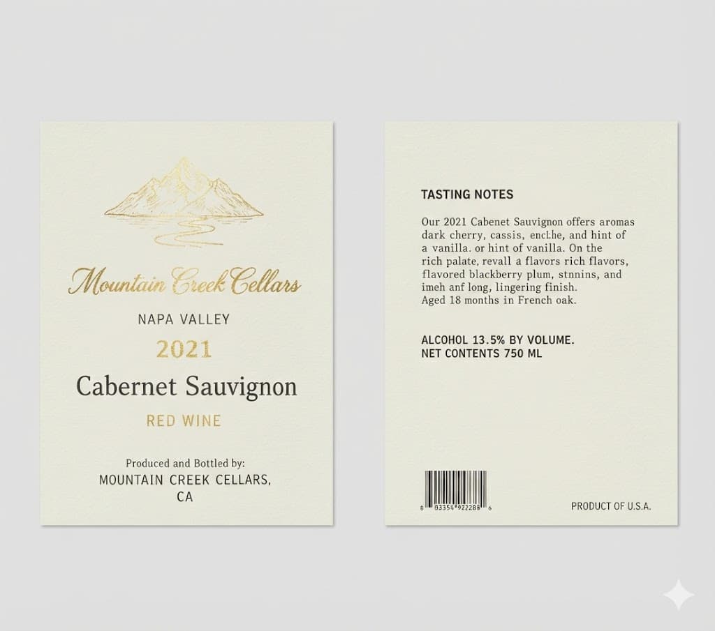 Mountain Creek Cellars wine label — front and back, missing government warning and sulfite declaration